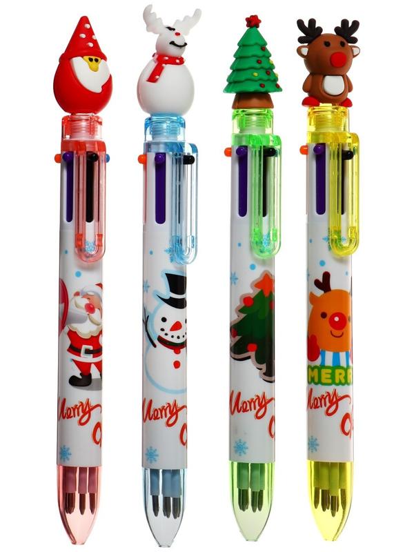 Ручка шариковая автоматическая, 6-ти цветная, Новый год МИКС