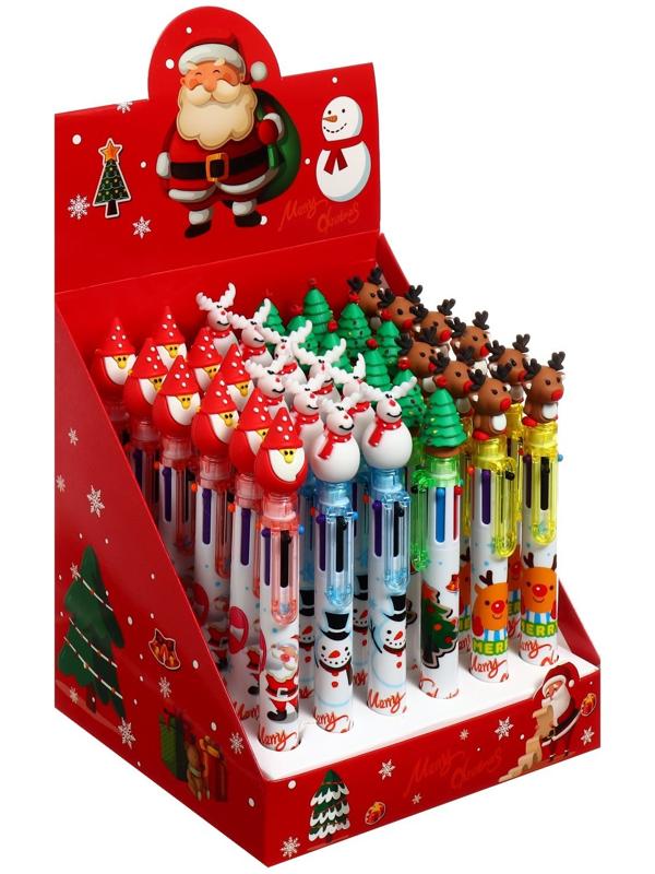 Ручка шариковая автоматическая, 6-ти цветная, Новый год МИКС