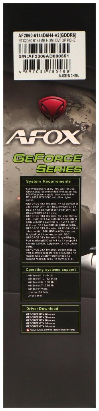 Видеокарта Afox RTX2060, 6Гб, 192bit, GDDR6, DVI, HDMI, DP, HDCP