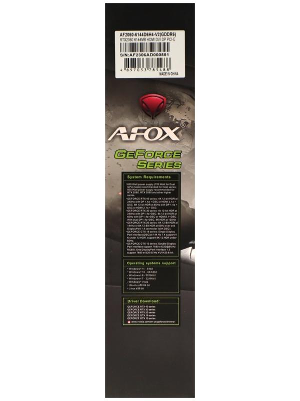 Видеокарта Afox RTX2060, 6Гб, 192bit, GDDR6, DVI, HDMI, DP, HDCP