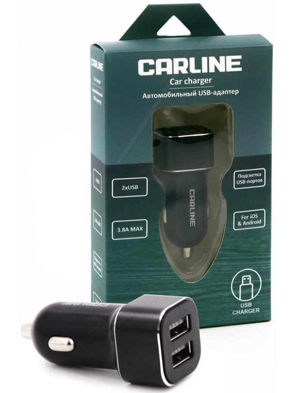 Адаптер автомобильный CARLINE® 2хUSB, 3.8А Max, в прикуриватель 12/24В, цвет черный