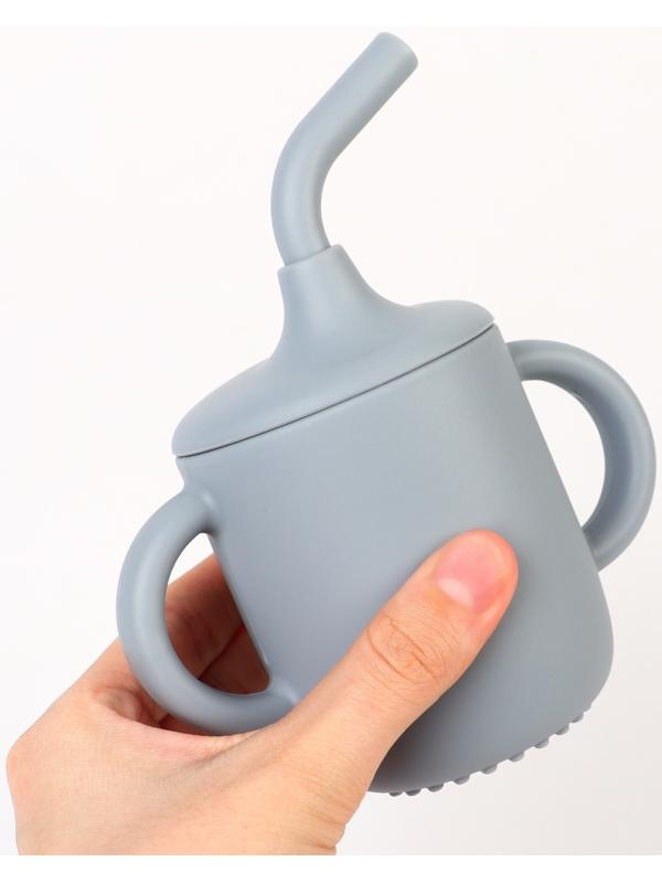 Поильник детский силиконовый Little world Mum&baby, крышка, трубочка, серый, 200мл