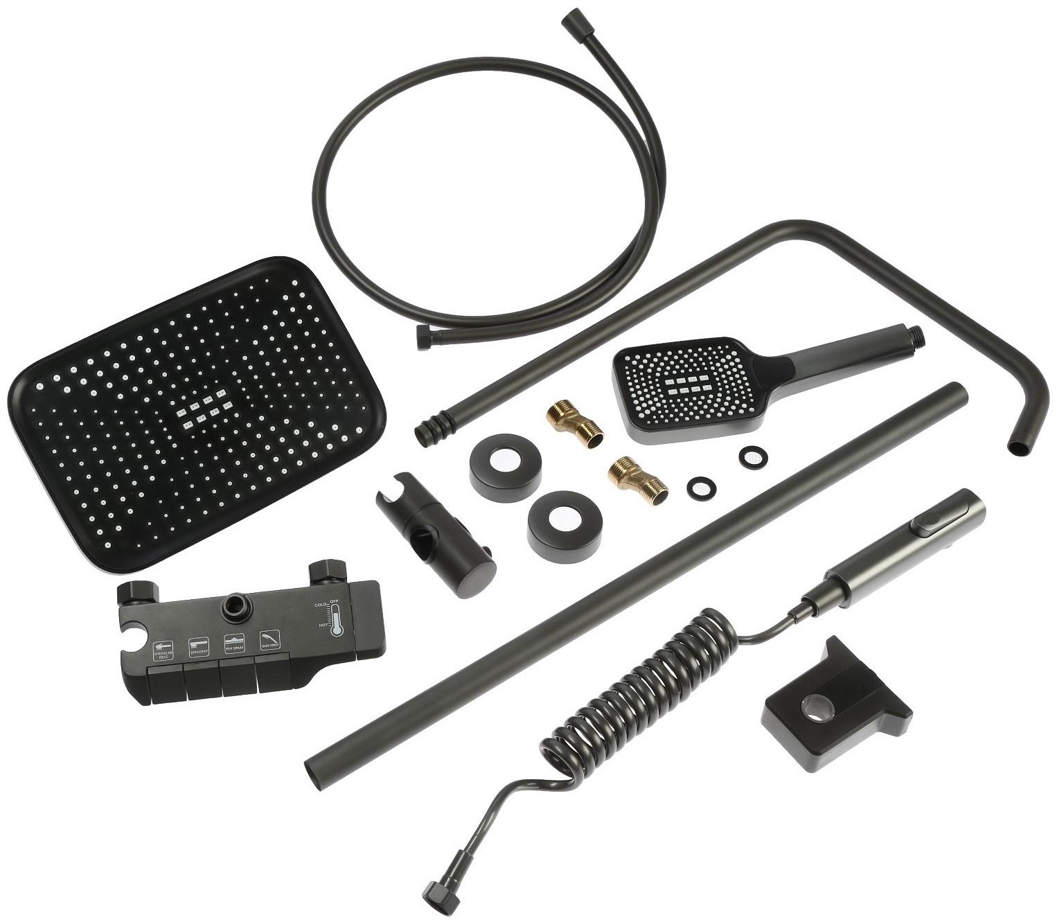 Душевая система ZEIN Z3683, верхняя и ручная лейка, ПВХ шланг, гигиенический набор, графит