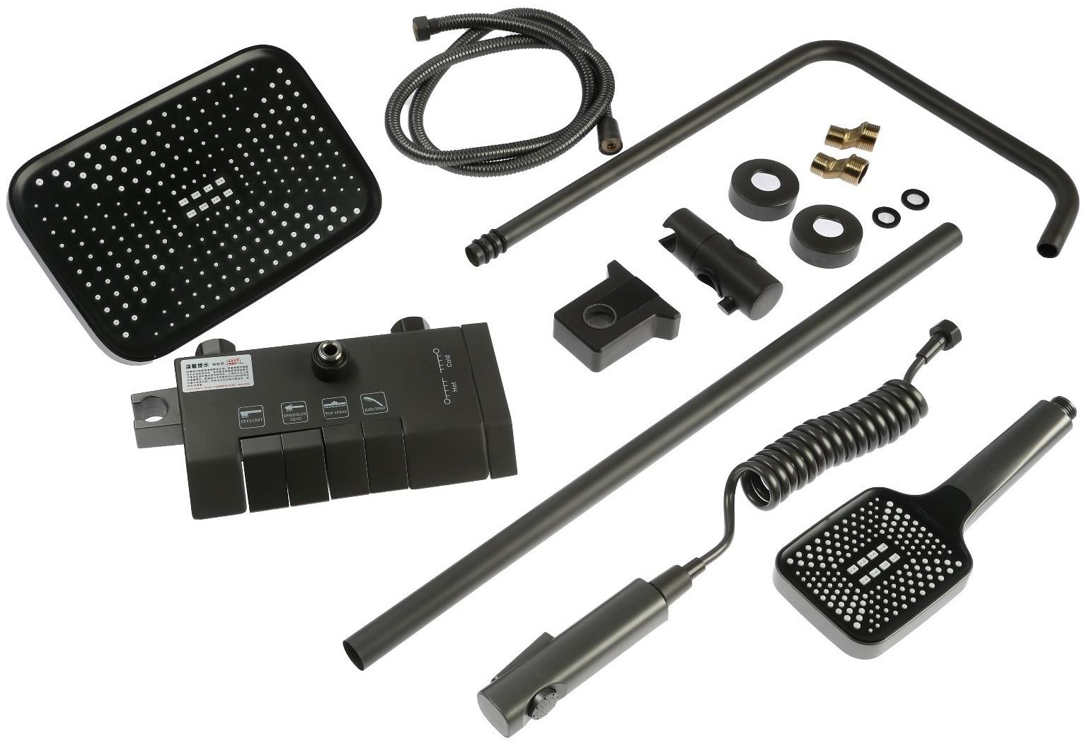 Душевая система ZEIN Z3685, верхняя и ручная лейка, ПВХ шланг, гигиенический набор, графит