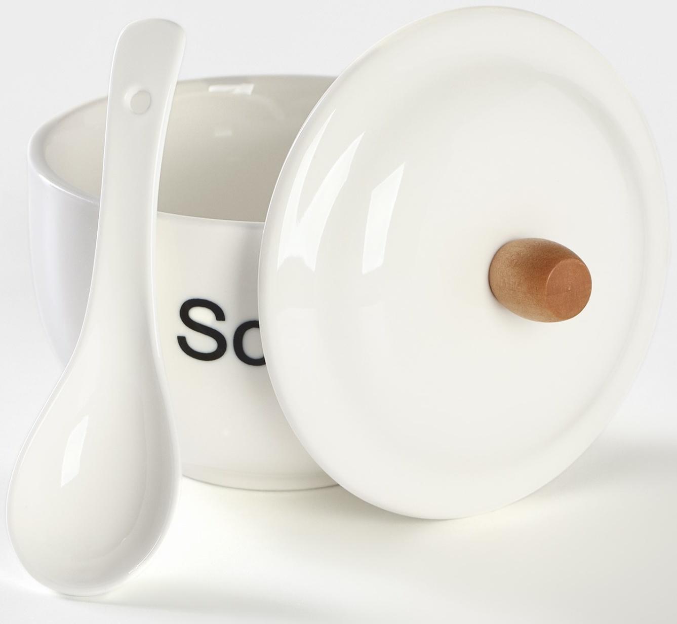 Супница фарфоровая с ложкой на бамбуковой подставке BellaTenero, 450 мл, 15×11,5×7,5 см, цвет белый