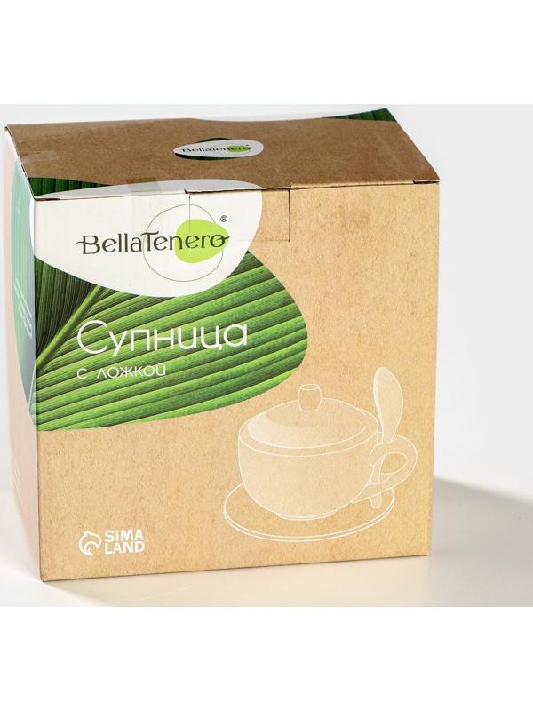 Супница фарфоровая с ложкой на бамбуковой подставке BellaTenero, 450 мл, 15×11,5×7,5 см, цвет белый
