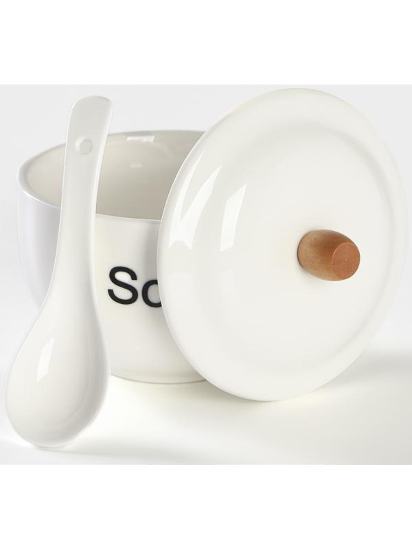 Супница фарфоровая с ложкой на бамбуковой подставке BellaTenero, 450 мл, 15×11,5×7,5 см, цвет белый