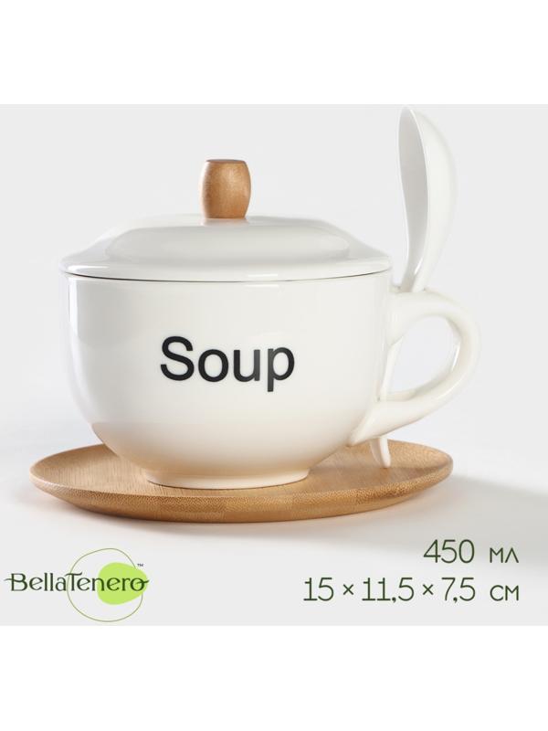 Супница фарфоровая с ложкой на бамбуковой подставке BellaTenero, 450 мл, 15×11,5×7,5 см, цвет белый
