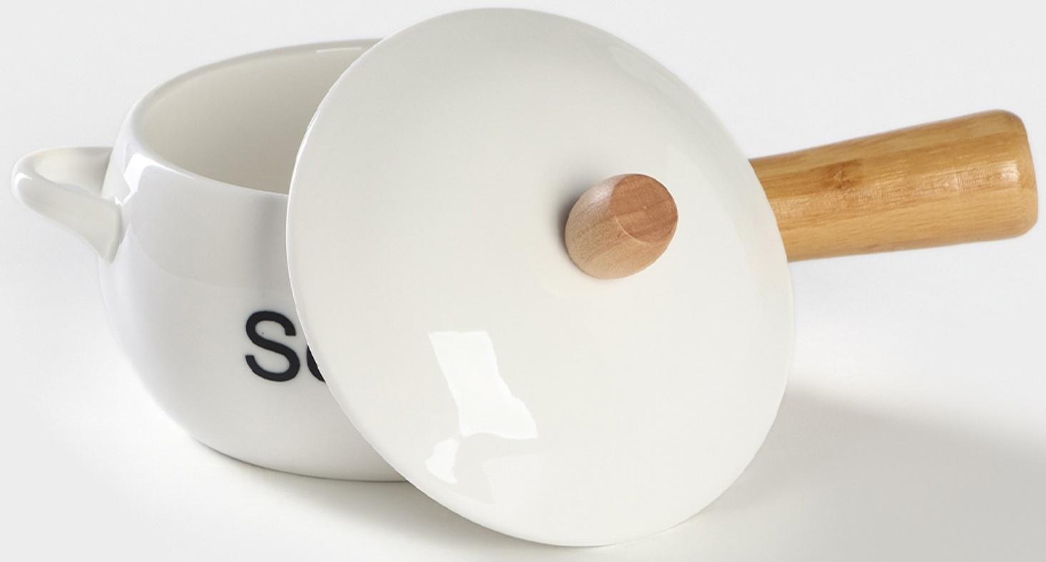 Супница фарфоровая с ручкой на бамбуковой подставке BellaTenero, 400 мл, 20,5×11,5×6,5 см, цвет белый