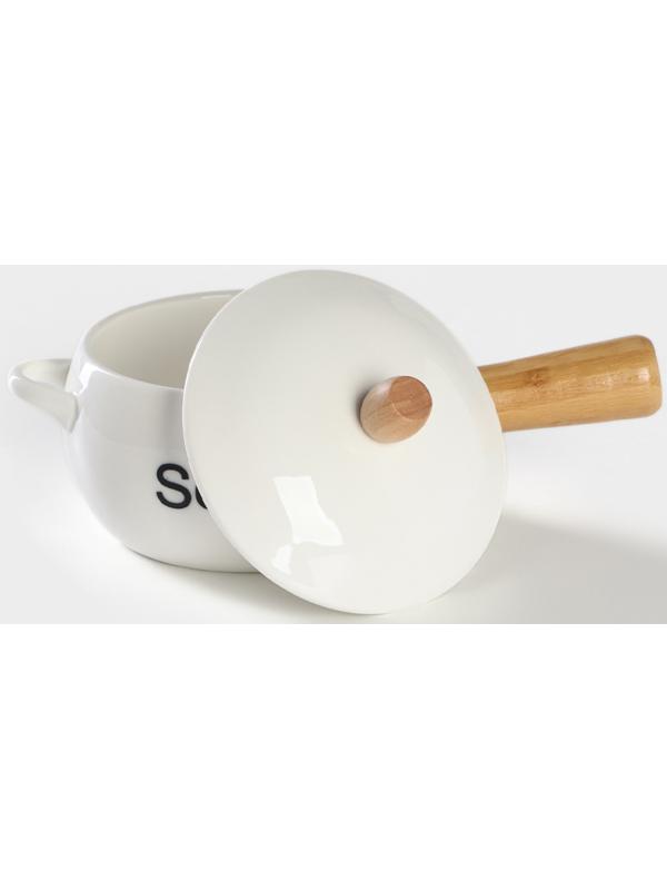 Супница фарфоровая с ручкой на бамбуковой подставке BellaTenero, 400 мл, 20,5×11,5×6,5 см, цвет белый