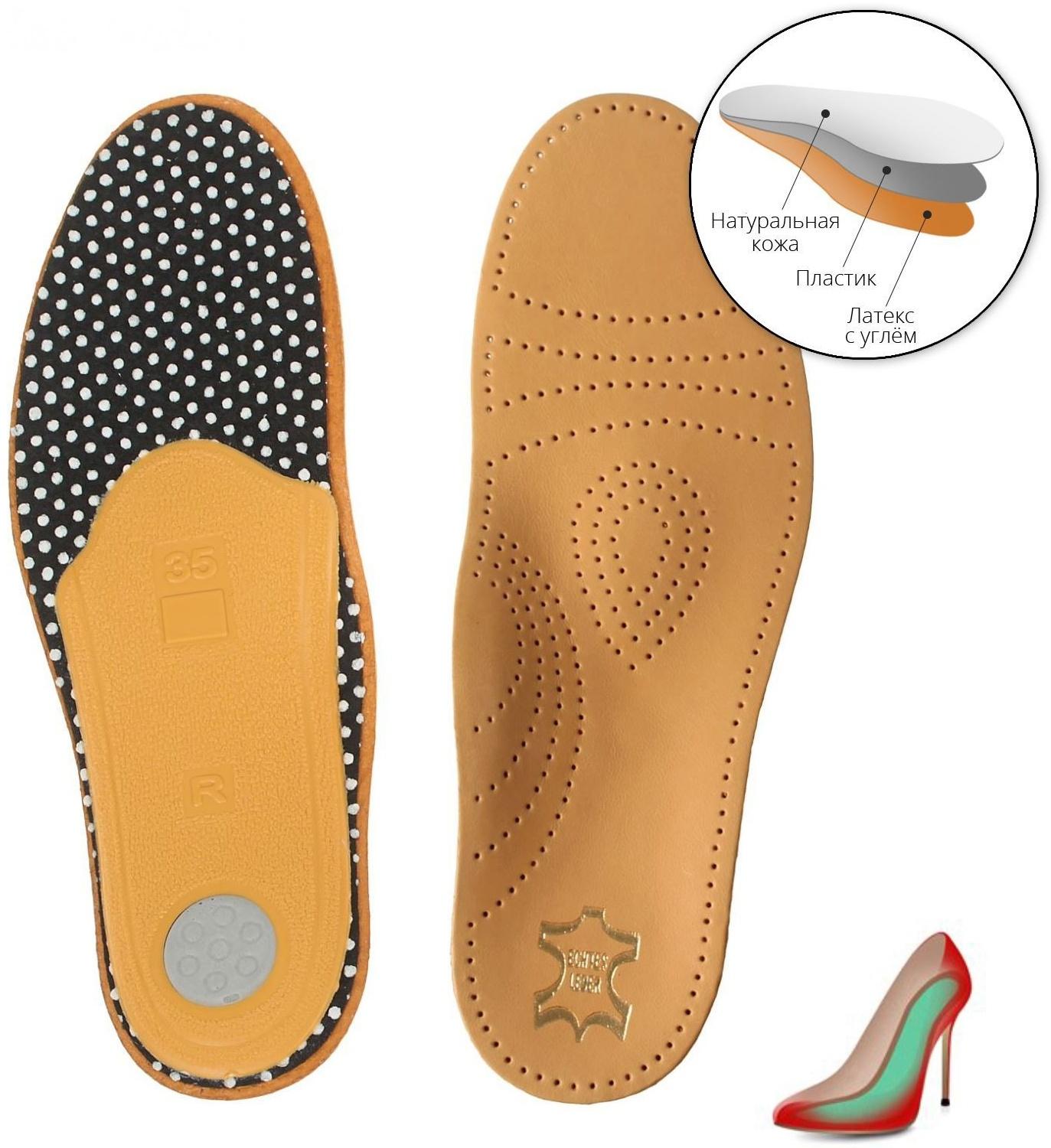 Стельки для обуви амортизирующие, с жёстким супинатором, антибактериальные, 35-36р-р, пара, цвет светло-коричневый