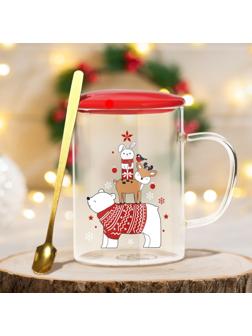 Кружка с ложкой и крышкой «Зверята», 470 мл