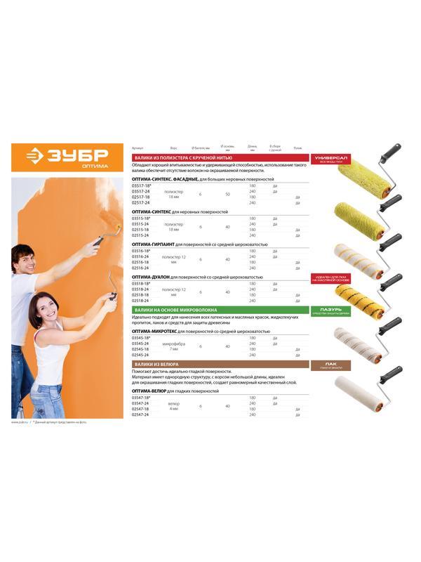 ЗУБР ОПТИМА-ВЕЛЮР, 40 х 240 мм, бюгель 6 мм, ворс 4 мм, полиэстер, для лаков и эмалей, малярный валик (03547-24)