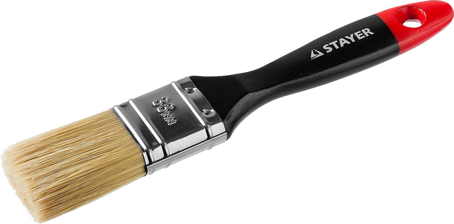 Малярная кисть STAYER Universal, 38 мм, 1.5″, светлая, натуральная щетина, деревянная ручка, все виды ЛКМ, плоская кисть, Professional (0104-038)