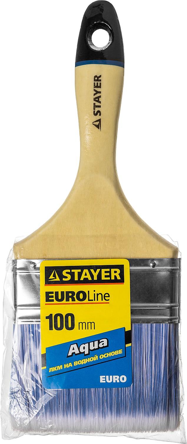 Малярная кисть STAYER AQUA - EURO, 100 мм, 4″, искусственная щетина, деревянная ручка для воднодисперсионных и акриловых ЛКМ, плоская кисть (01062-100)