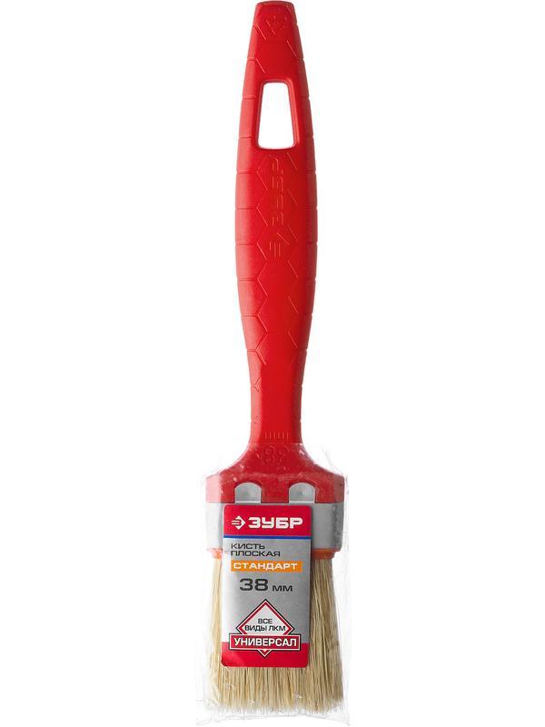 Малярная кисть ЗУБР УНИВЕРСАЛ, 38 мм, 1.5″, светлая натуральная щетина, пластмассовая ручка, все виды ЛКМ, плоская кисть (01015-038)