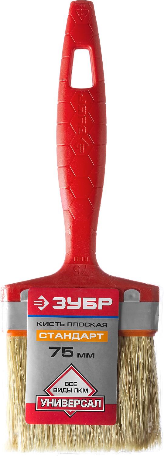 Малярная кисть ЗУБР УНИВЕРСАЛ, 75 мм, 3″, светлая натуральная щетина, пластмассовая ручка, все виды ЛКМ, плоская кисть (01015-075)