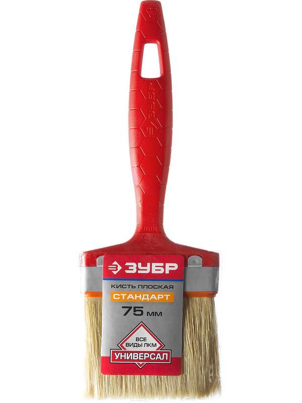 Малярная кисть ЗУБР УНИВЕРСАЛ, 75 мм, 3″, светлая натуральная щетина, пластмассовая ручка, все виды ЛКМ, плоская кисть (01015-075)