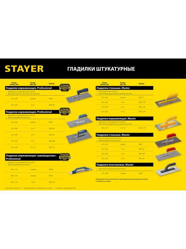 STAYER 130 х 280 мм, зуб 8 х 8 мм, штукатурная гладилка, Professional (0802-08)