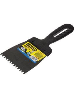 STAYER PROFlat, 100 мм, зуб 4 х 4 мм, пластиковая ручка, зубчатый, нержавеющий, фасадный шпатель, Professional (1009-10-04)