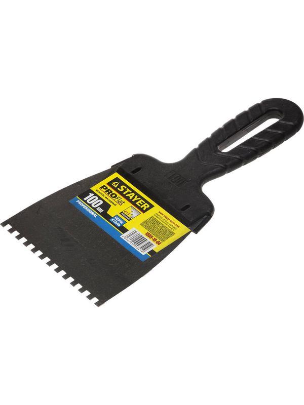STAYER PROFlat, 100 мм, зуб 4 х 4 мм, пластиковая ручка, зубчатый, нержавеющий, фасадный шпатель, Professional (1009-10-04)