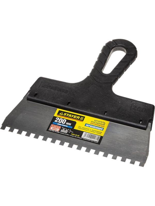 STAYER PROFlat, 200 мм, зуб 6 х 6 мм, пластиковая ручка, зубчатый, нержавеющий, фасадный шпатель, Professional (1009-20-06)