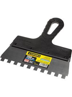 STAYER PROFlat, 200 мм, зуб 10 х 10 мм, пластиковая ручка, зубчатый, нержавеющий, фасадный шпатель, Professional (1009-20-10)