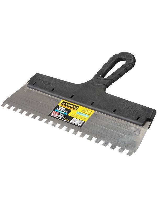STAYER PROFlat, 300 мм, зуб 8 х 8 мм, пластиковая ручка, зубчатый, нержавеющий, фасадный шпатель, Professional (1009-30-08)