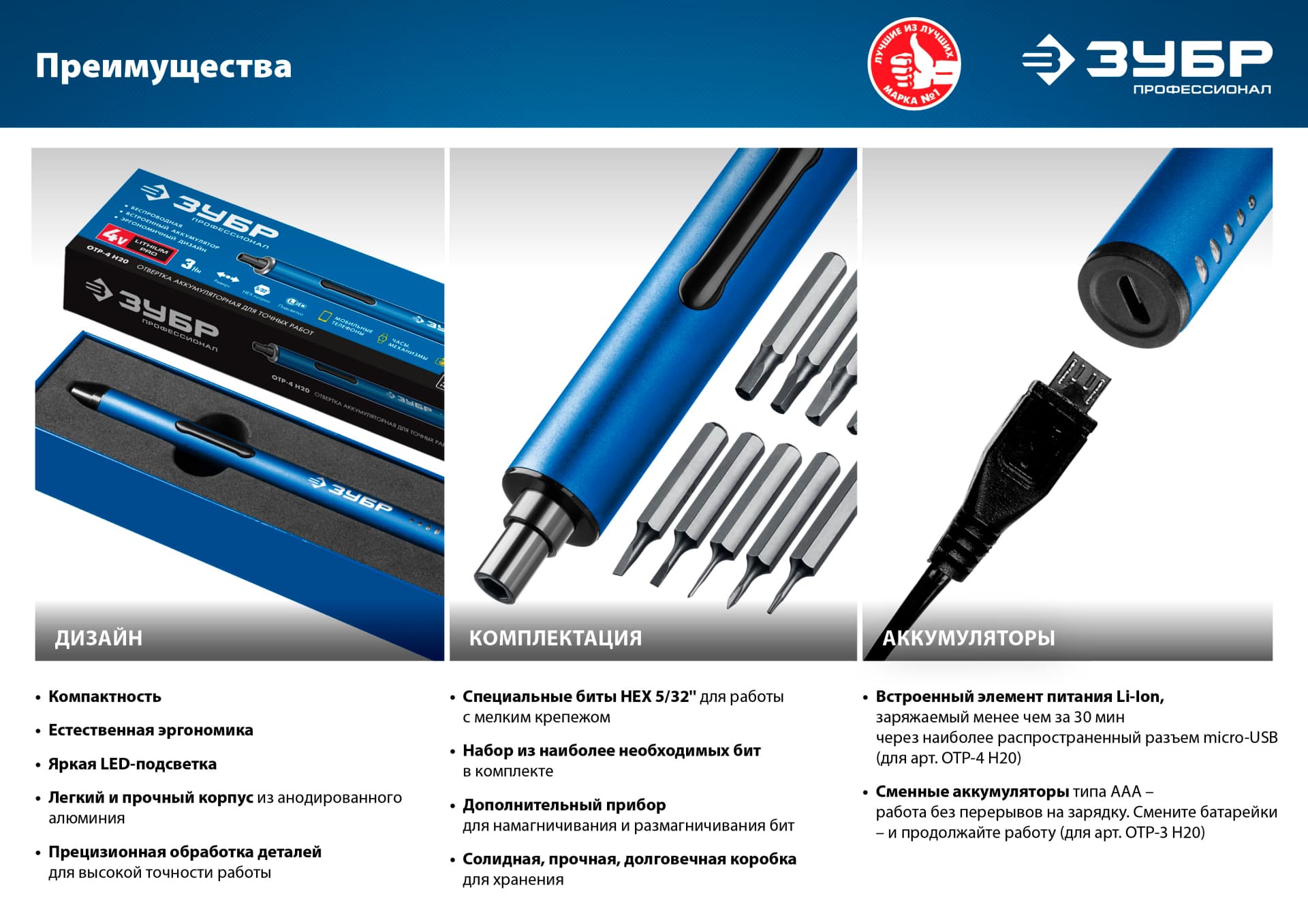 Отвертка аккумуляторная для точных работ ЗУБР ОТР-4 Н20 / 20 бит