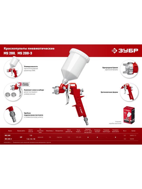 ЗУБР MS 200, 1.3 мм, пневматический краскопульт с верхним бачком (06455-1.3)