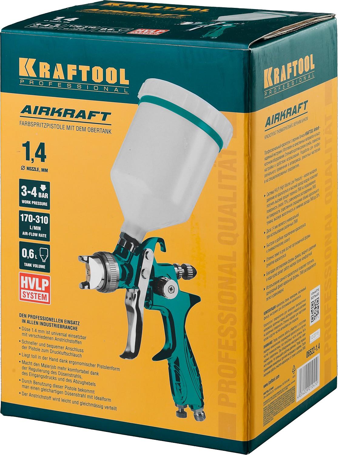 KRAFTOOL AirKraft, HVLP, 1.4 мм, пневматический краскопульт с верхним бачком (06522-1.4)