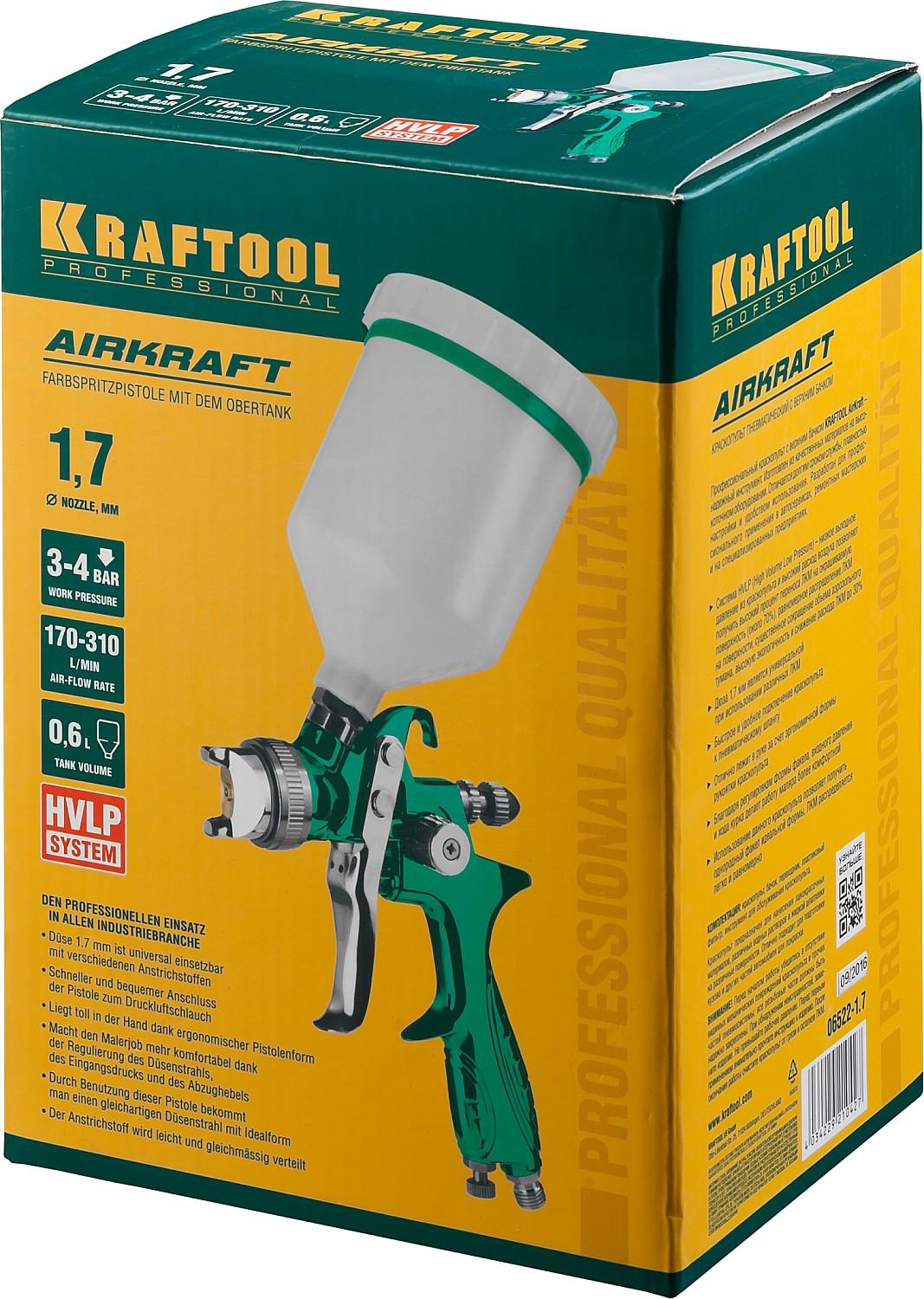 KRAFTOOL AirKraft, HVLP, 1.7 мм, пневматический краскопульт с верхним бачком (06522-1.7)