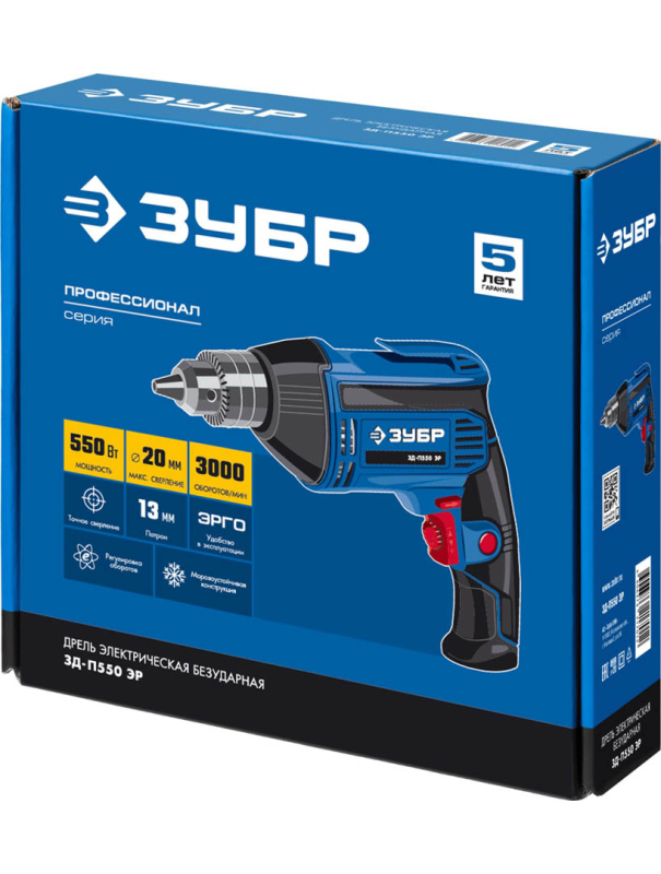 Дрель безударная ЗУБР ЗД-П550 ЭР, 13 мм. / 550 Вт.
