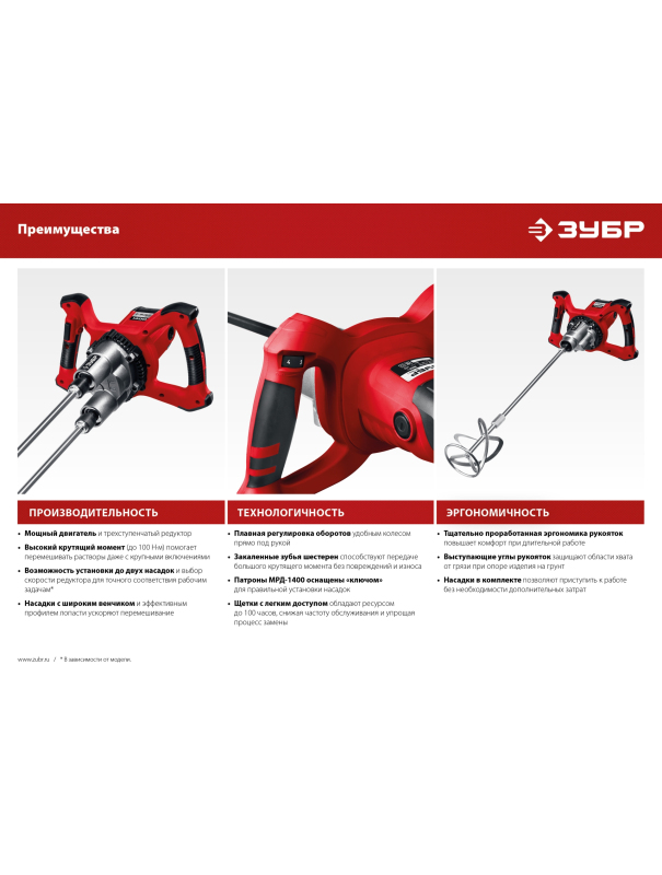 Строительный миксер ЗУБР МР-1400-2, М14, 2 скорости / 1400 Вт.