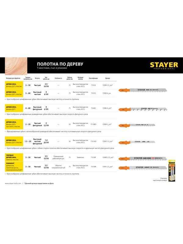 STAYER T244D, 2 шт, 75 мм / 4 мм, T-хвост., HCS сталь, фигурный рез по дереву/ДСП, полотна для лобзика, Professional (15986-4)