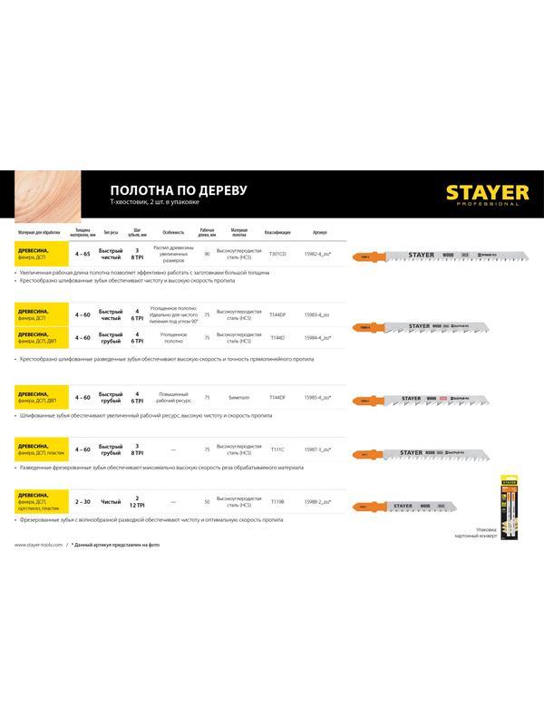 STAYER T111C, T-хвост., HCS сталь, по пластику/дереву/ДСП, шаг зуба 3 мм (8TPI), раб. длина 75 мм, 2 шт, полотна для лобзика, Professional (15987-3)