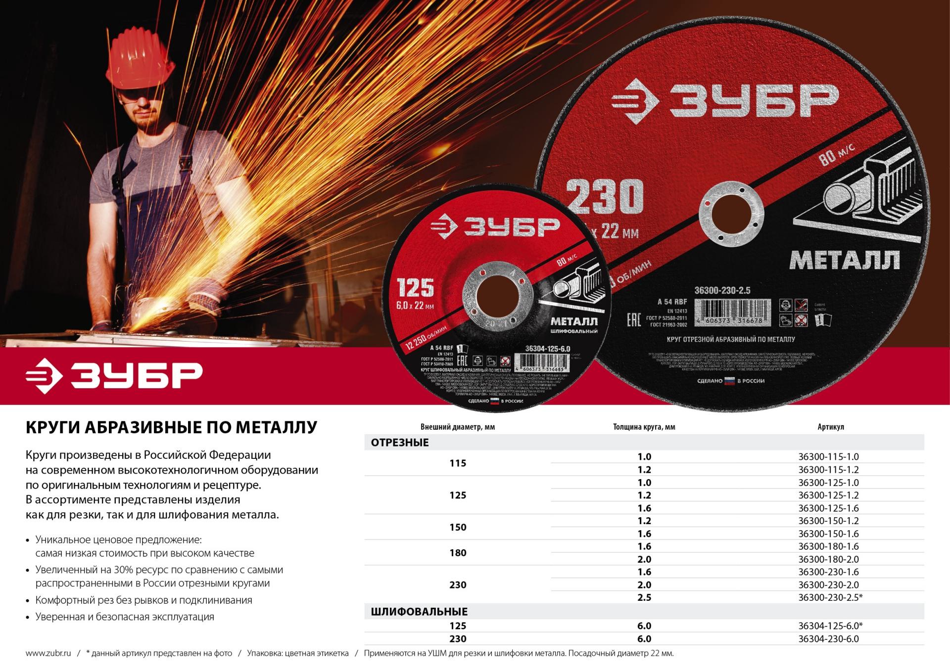 Круг отрезной для УШМ по металлу ЗУБР 230 x 1.6 х 22.2 мм. (36300-230-1.6)