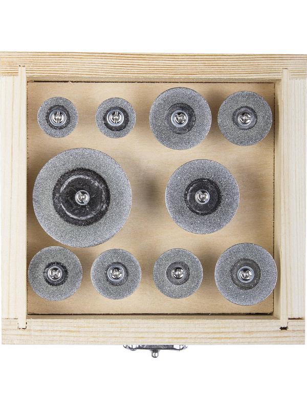 ЗУБР 10 шт: 16 - 40 мм, хвостовик d 3 мм, P 200, набор алмазных отрезных мини-кругов (33385-H10)