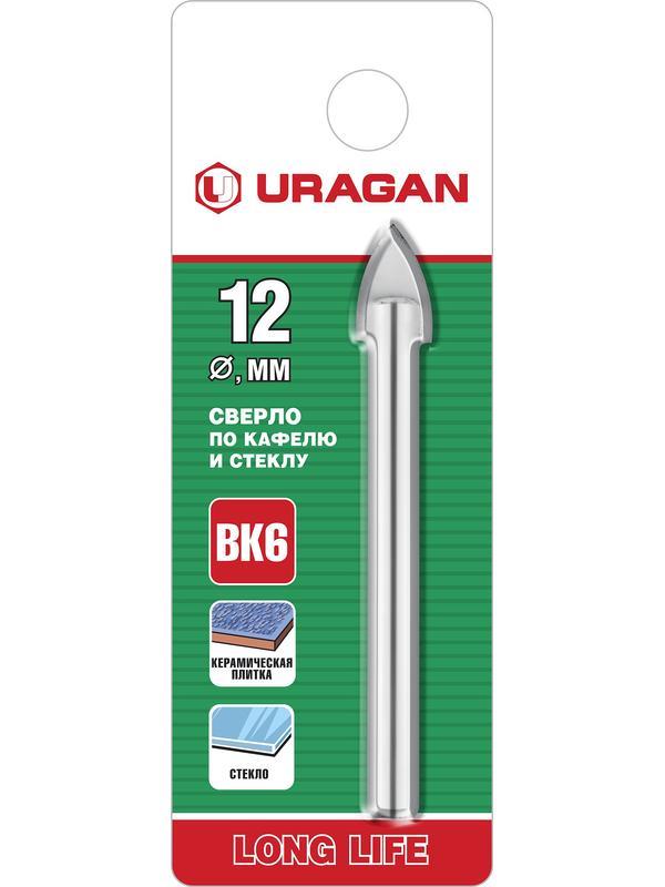 URAGAN 12 мм, 2х кромка, цилиндр хвостовик, Сверло по стеклу и кафелю (29830-12)