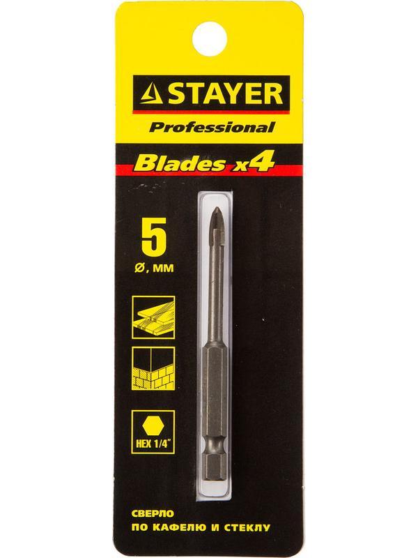 STAYER 5 мм, 4х кромка, HEX 1/4, Сверло по стеклу и кафелю (2985-05)