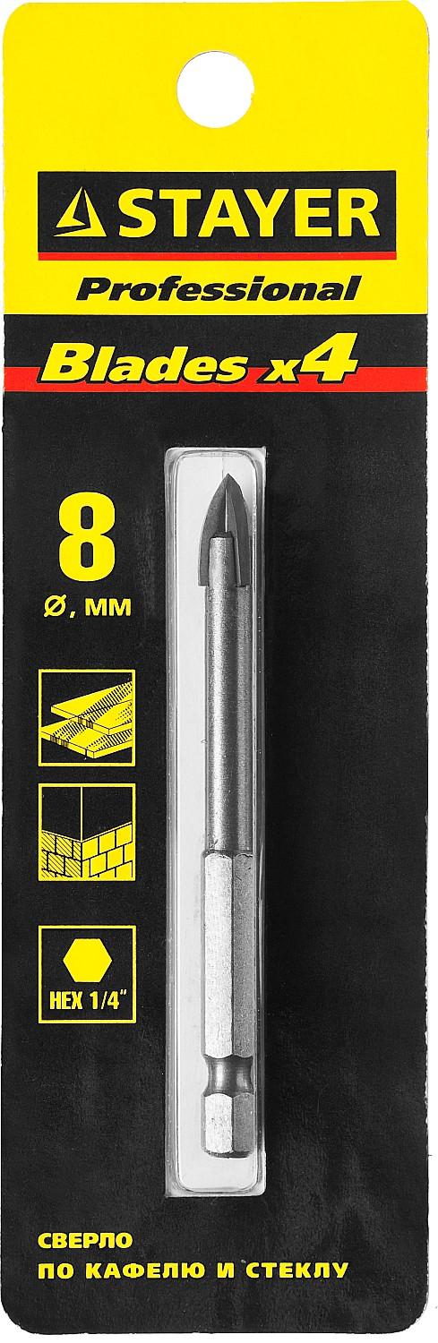 STAYER 8 мм, 4х кромка, HEX 1/4, Сверло по стеклу и кафелю (2985-08)