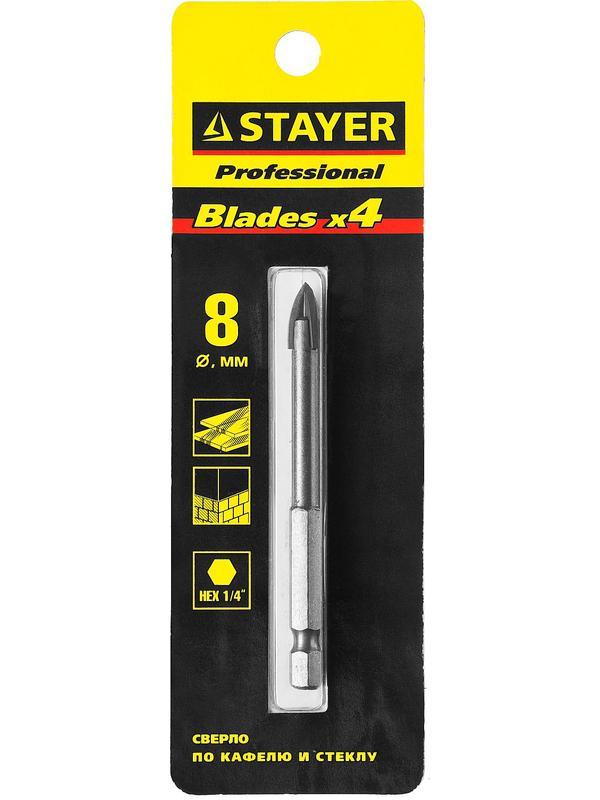 STAYER 8 мм, 4х кромка, HEX 1/4, Сверло по стеклу и кафелю (2985-08)