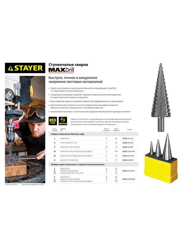 STAYER 4-20 мм, 9 ступеней, сталь HSS, ступенчатое сверло (29660-4-20-9)