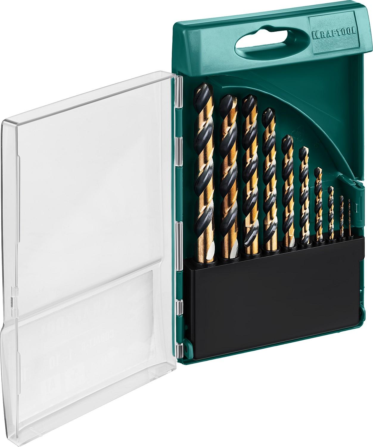 KRAFTOOL Cobalt, 10 шт, (1-10 мм), сталь М42, HSS-Co(8%), набор сверл по металлу (29656-H10)