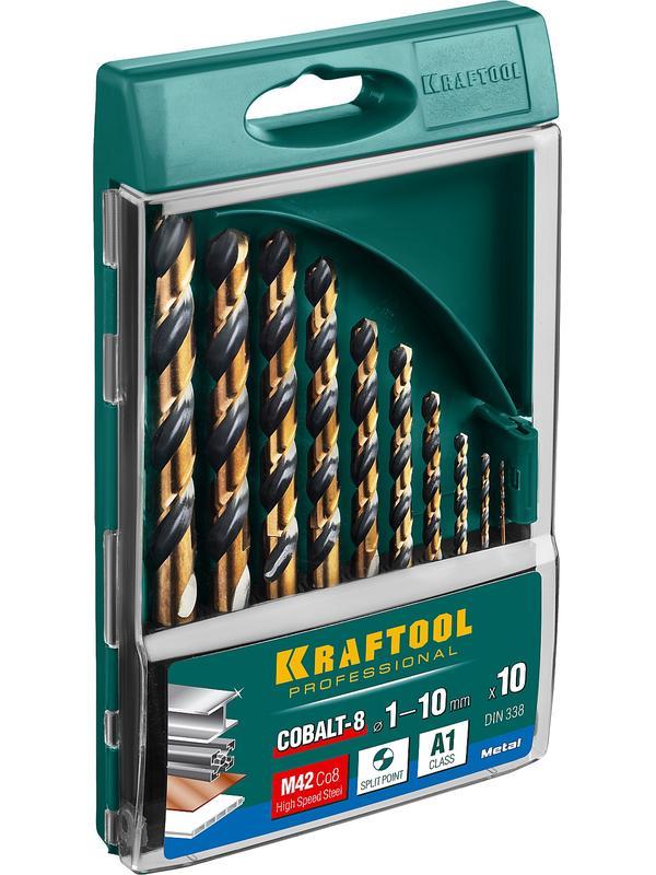 KRAFTOOL Cobalt, 10 шт, (1-10 мм), сталь М42, HSS-Co(8%), набор сверл по металлу (29656-H10)