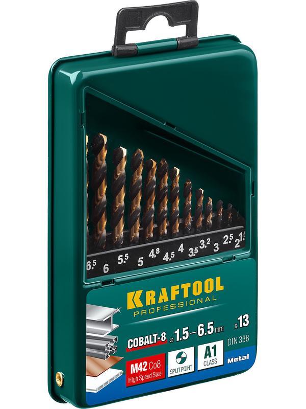 KRAFTOOL Cobalt, 13 шт, (1.5-6.5 мм), сталь М42, HSS-Co(8%), набор сверл по металлу (29656-H13)