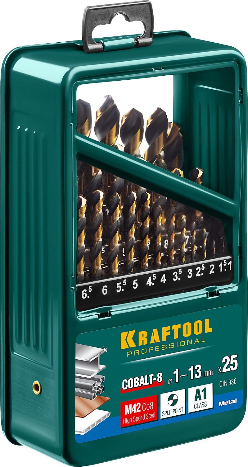 KRAFTOOL Cobalt, 25 шт, (1-13 мм), сталь М42, HSS-Co(8%), набор сверл по металлу (29656-H25)