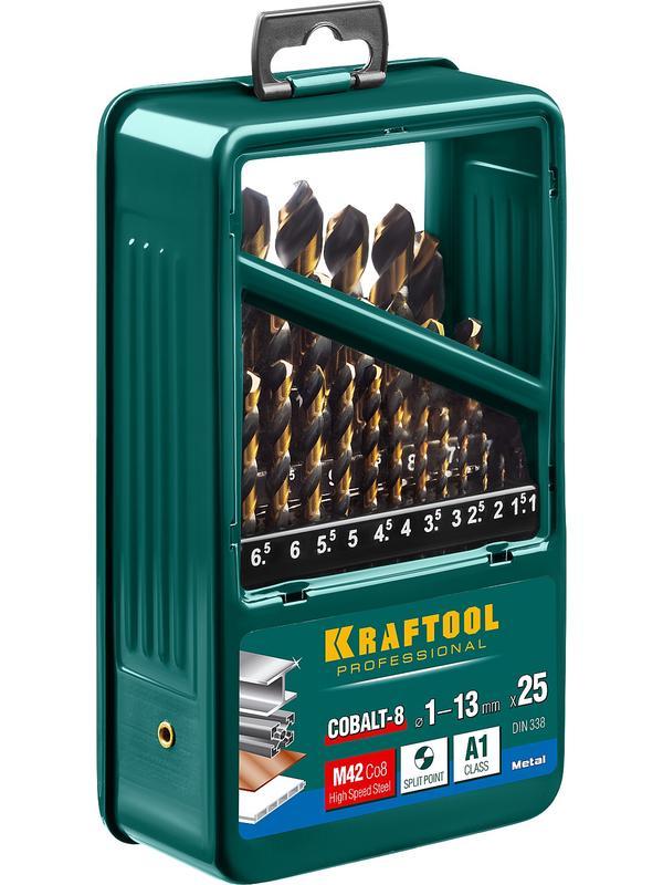 KRAFTOOL Cobalt, 25 шт, (1-13 мм), сталь М42, HSS-Co(8%), набор сверл по металлу (29656-H25)