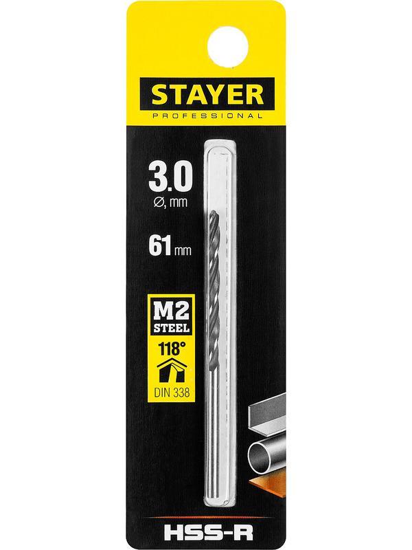 STAYER HSS-R, 3.0 х 61 мм, быстрорежущая сталь P6M5, сверло по металлу, Professional (29602-3)
