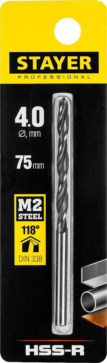 STAYER HSS-R, 4.0 х 75 мм, быстрорежущая сталь P6M5, сверло по металлу, Professional (29602-4)